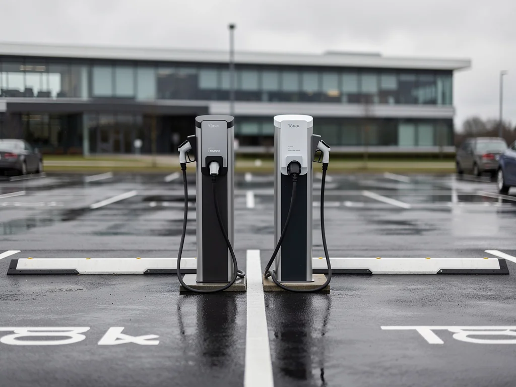 Deux bornes de recharge sur pied alignées sur un parking d'entreprise