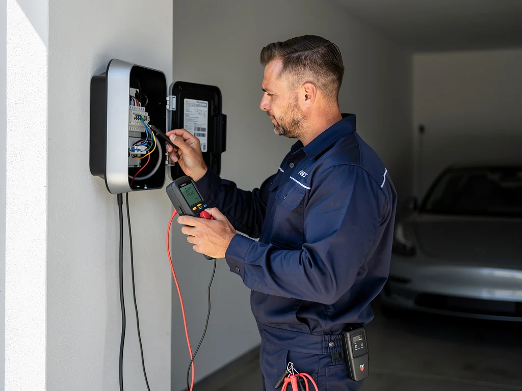 Électricien réglant une borne murale, multimètre en main, lors de la mise en service
